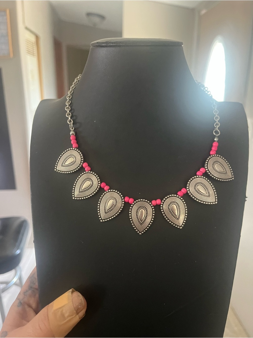 paparazzi Silver Teardrop Statement Necklace with Pink Beads